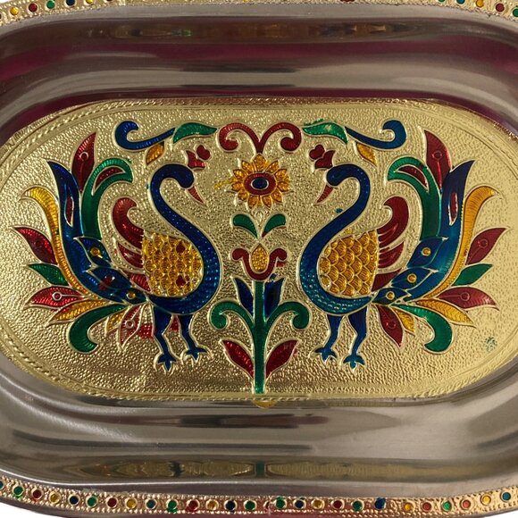 Meenakari Metal Enamel Floral Peacock Tray - Picture 2 of 5